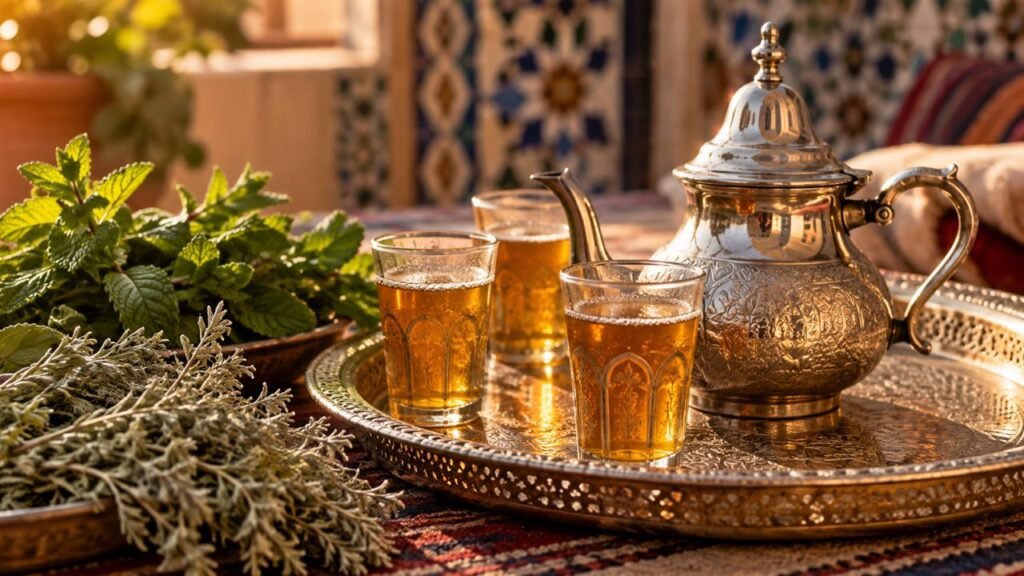 Plateau de thé marocain avec théière en métal ciselé, verres de thé, menthe fraîche et brins de chiba séchée