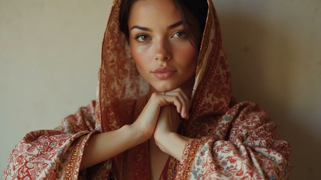 Comment s’habiller au Maroc : Guide vestimentaire pour femmes et hommes 1 Une belle femme au regard intense, vêtue d'un manteau rouge et doré.