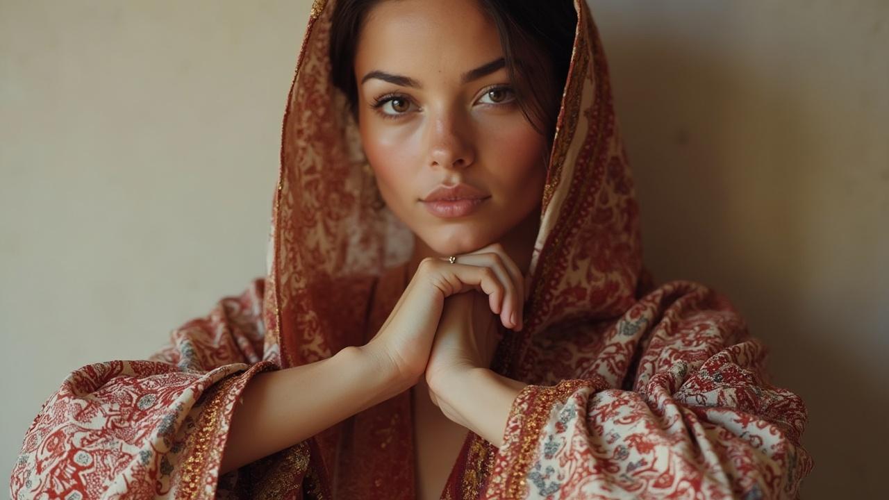 Une belle femme au regard intense, vêtue d'un manteau rouge et doré.