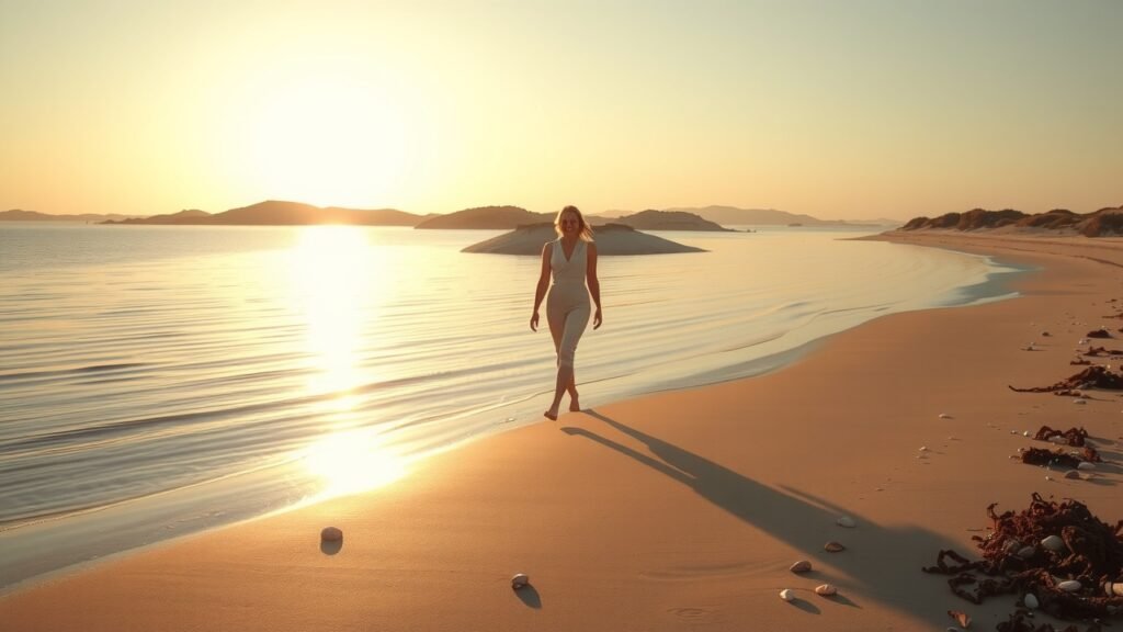 image-1 Lagune côtière paisible d’Oualidia au lever du soleil – lumière douce, ombres légères sur sable et eau calme, silhouette féminine pieds nus avec foulard, textures naturelles de coquillages et algues, ambiance moderne et tranquille