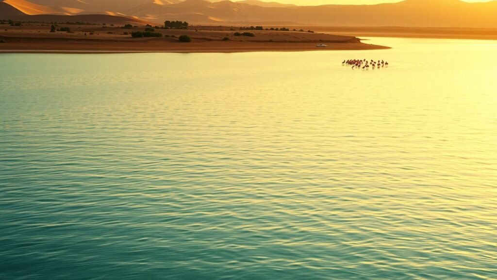 Lagune émeraude d’Oualidia au coucher du soleil, eau calme aux reflets doux, dunes sauvages, flamants roses au bord de l’eau, ambiance naturelle et lumière chaleureuse