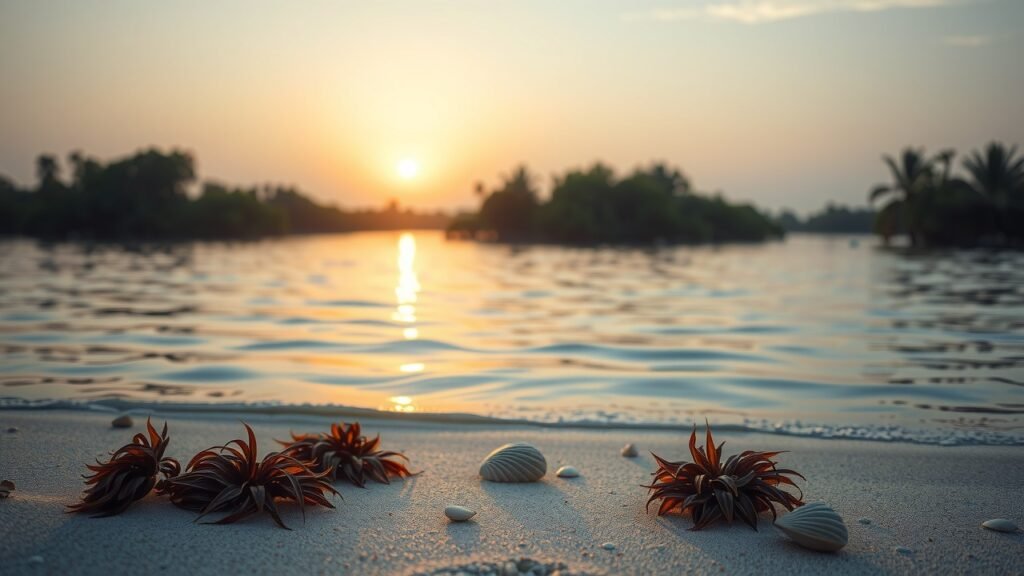 image-2 Lagune d’Oualidia au lever du soleil – lumière douce et ambiance paisible, eaux calmes reflétant un ciel pastel, mangroves luxuriantes, textures fines d’algues et coquillages, ambiance féminine moderne et naturelle.