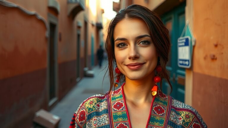 Est-ce dangereux d'aller au Maroc ? Guide complet d'une passionnée du pays 6 Portrait naturel en extérieur d'une voyageuse confiante dans une médina marocaine colorée, lumière douce de l'heure dorée, tunique traditionnelle aux épaules couvertes, rue étroite poussiéreuse aux tons chauds, expression spontanée, texture de peau détaillée, ambiance authentique avec grain subtil de film 35 mm.