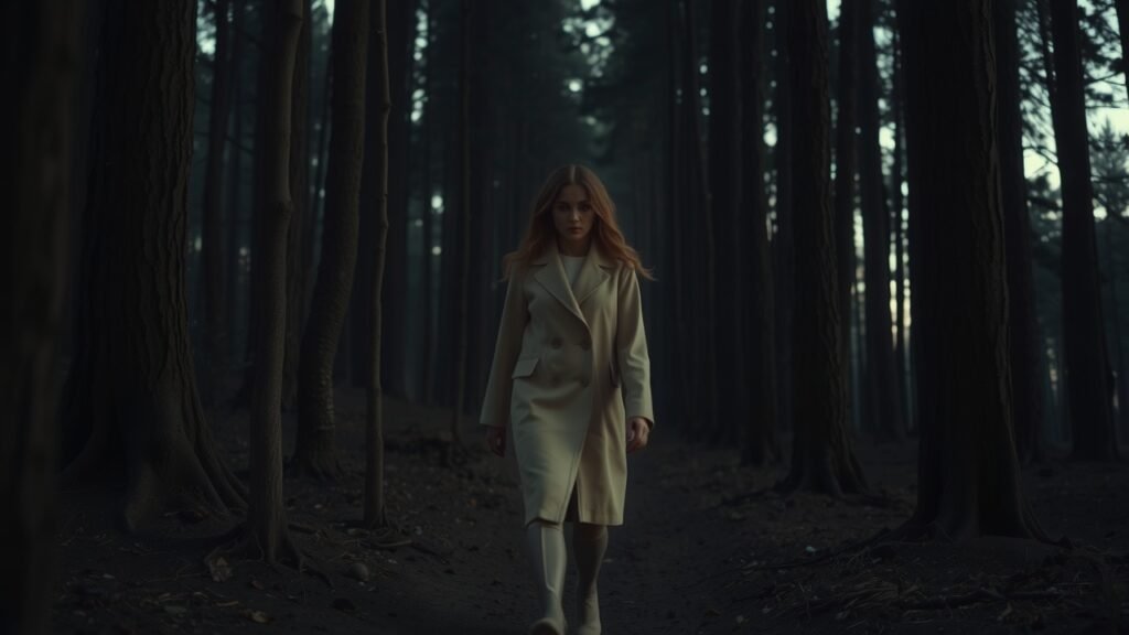 Femme solitaire marchant au crépuscule dans une forêt dense, lumière douce filtrant à travers les arbres, ambiance sereine et mystérieuse, manteau beige fluide, écorce texturée et feuilles sèches au sol