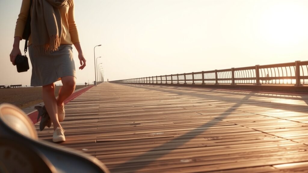 Promenade paisible au bord de mer au lever du soleil, femme décontractée avec foulard et appareil photo, lumière naturelle douce sur planches en bois, ambiance sereine avec ciel pastel et reflets calmes