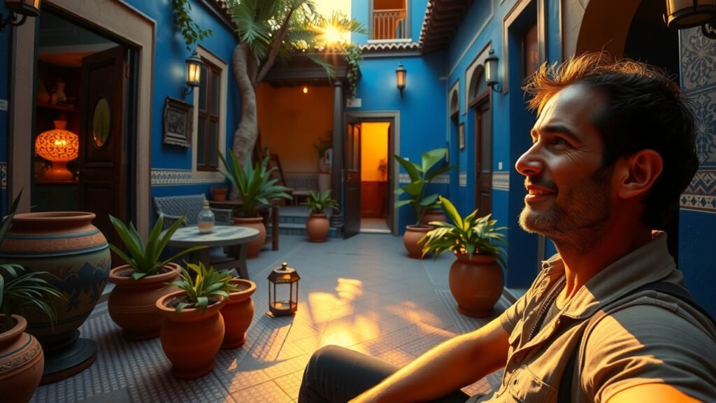 7 jours au Maroc sans se ruiner : mon vrai budget coup de cœur 1 Cour intérieure d’un riad marocain en angle large au coucher de soleil, lumière chaude sur mosaïques détaillées, murs bleu vif, plantes luxuriantes, pots en terre cuite ensoleillés, ambiance paisible et authentique avec voyageur détendu.