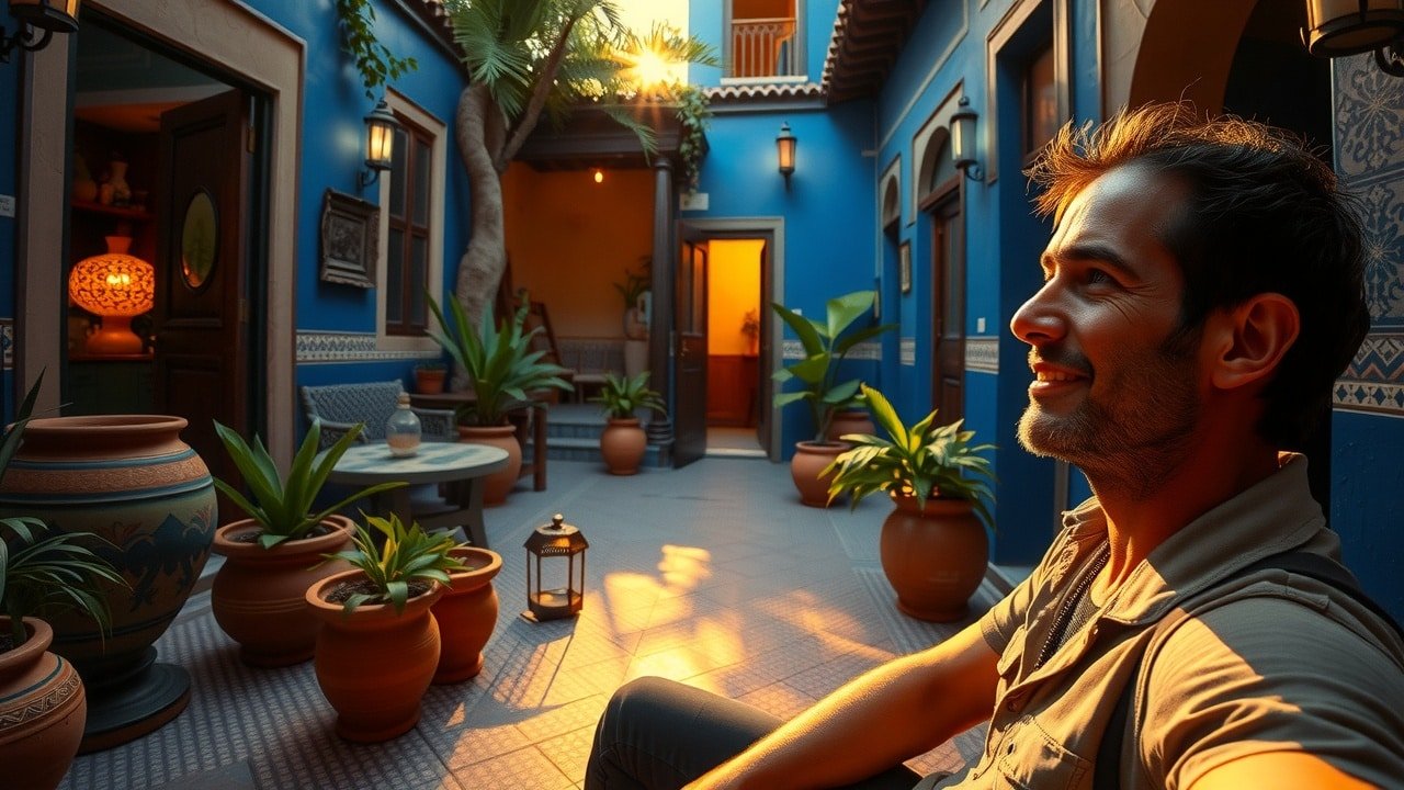 Cour intérieure d’un riad marocain en angle large au coucher de soleil, lumière chaude sur mosaïques détaillées, murs bleu vif, plantes luxuriantes, pots en terre cuite ensoleillés, ambiance paisible et authentique avec voyageur détendu.