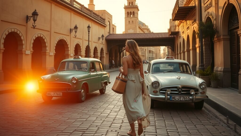 image-26 Scène de rue marocaine au coucher de soleil : taxi vintage, gare rustique, femme élégante en robe fluide avec panier tressé"