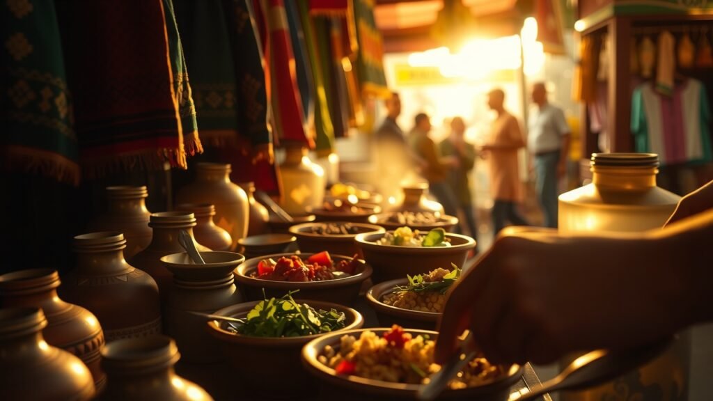 image-27 Marché de street food marocain au coucher du soleil, lumière douce à travers tissus colorés, mains servant plats traditionnels en poterie rustique, ambiance chaleureuse et texturée