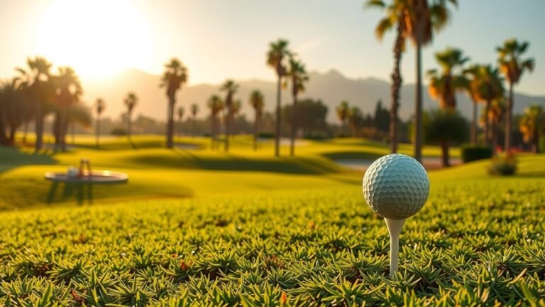 Guide complet pour jouer au golf au Maroc : parcours et expériences d'exception 4 Parcours de golf marocain luxuriant au crépuscule - fairways verts bordés de palmiers, montagnes de l'Atlas en arrière-plan, lumière naturelle douce, ambiance paisible et détails nets