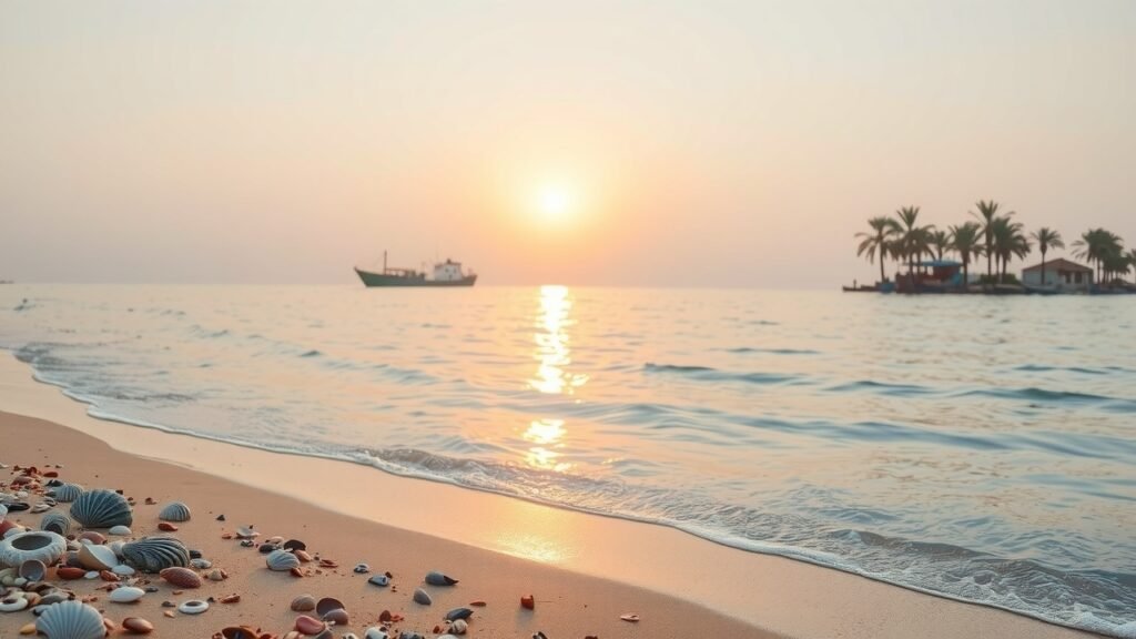 image-3 Lagune d'Oualidia au coucher du soleil - lumière douce, eau calme, plage sablonneuse avec coquillages, bateaux de pêche au loin, ombres délicates de palmiers, ambiance sereine et moderne