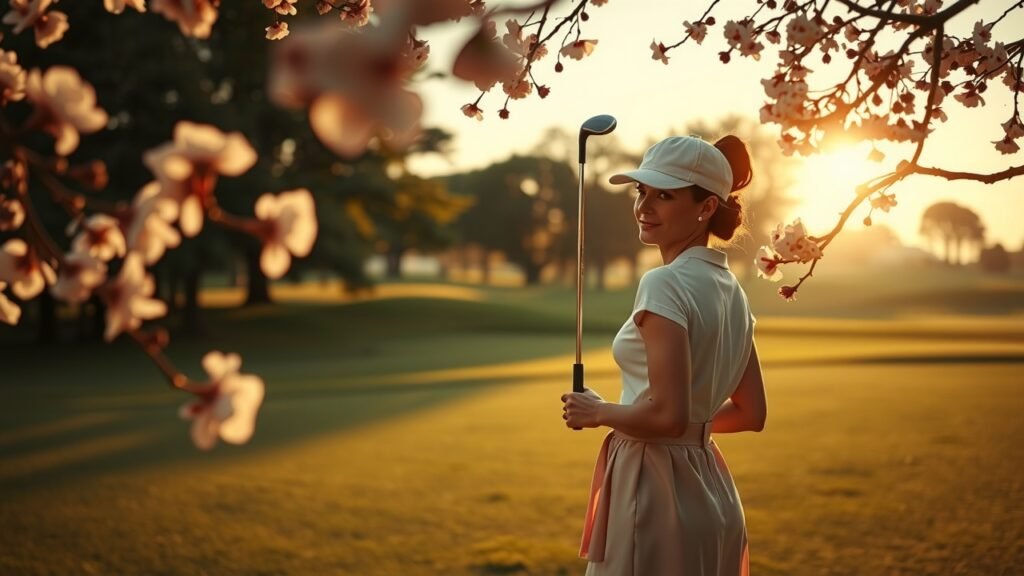 image-30 Golf serein au lever du soleil, femme élégante en tenue pastel, fleurs délicates et lumière douce sur greens impeccables, ambiance calme et naturelle.