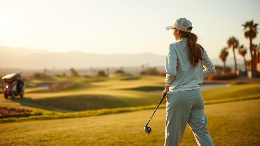 Guide complet pour jouer au golf au Maroc : parcours et expériences d'exception 2 Golf paisible au lever du soleil au Maroc, femme élégante en tenue pastel sur fairway verdoyant, montagnes de l'Atlas en arrière-plan, lumière douce naturelle, ambiance chaleureuse et moderne.