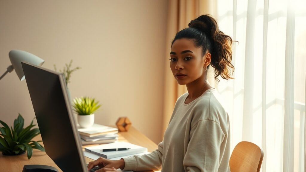 Impôt au Maroc : guide complet 2025 pour expat et résidents 2 Femme moderne concentrée dans un bureau à domicile cosy, lumière naturelle douce à travers des rideaux légers, décor minimaliste avec plantes et papiers, tons beiges et pastels, ambiance chaleureuse avec ombres délicates, surfaces en bois texturé et léger effet grain 35 mm.