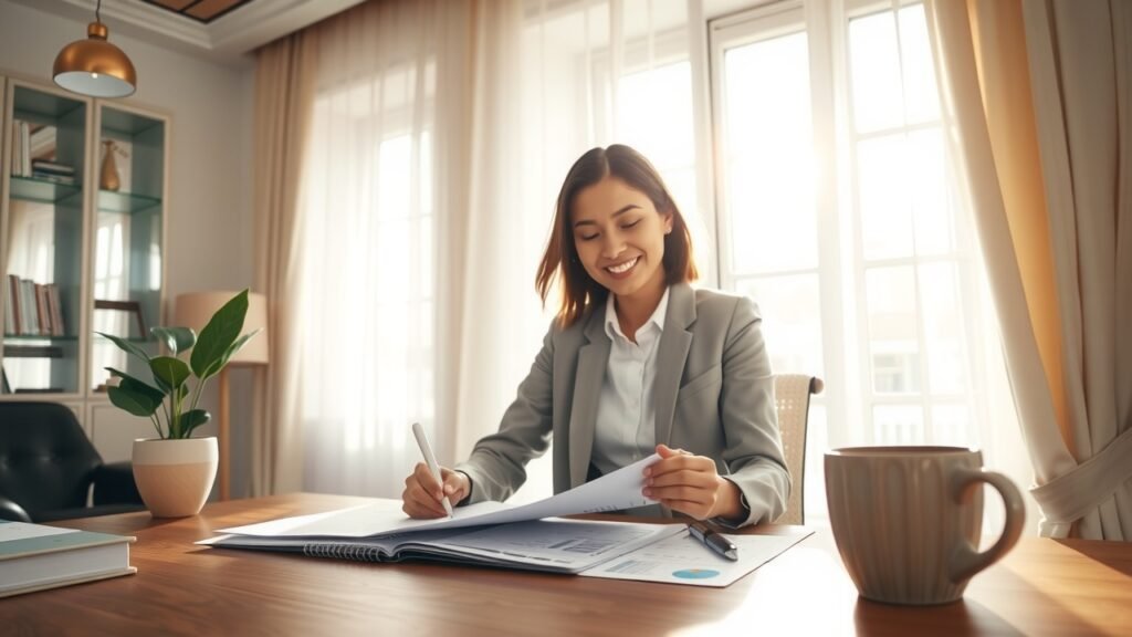 image-34 Bureau moderne français avec lumière naturelle douce, femme d'affaires examinant des documents fiscaux sur un bureau en bois, ambiance calme aux tons pastels et ombres délicates.