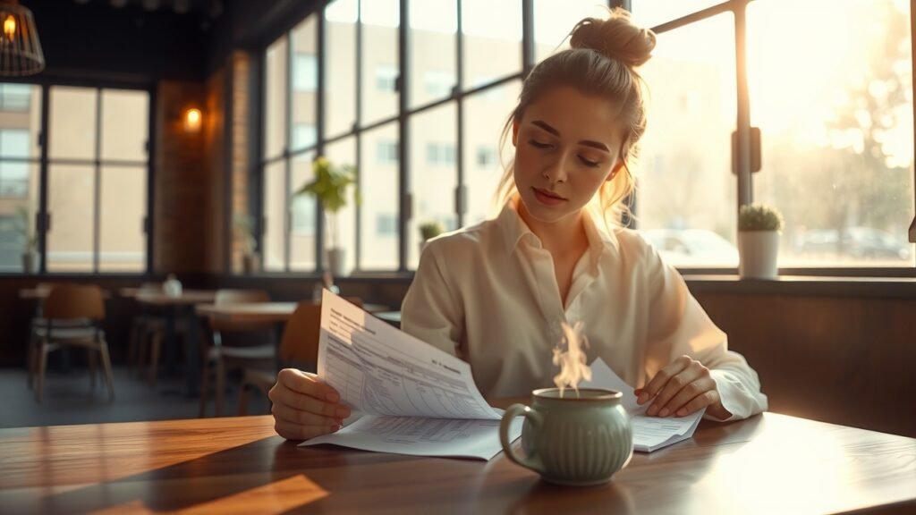 image-35 Femme moderne assise à une table en bois dans un café, examinant des reçus et documents fiscaux, lumière naturelle douce, tasse en céramique fumante, ambiance chaleureuse aux tons doux avec reflet de lentille subtil.