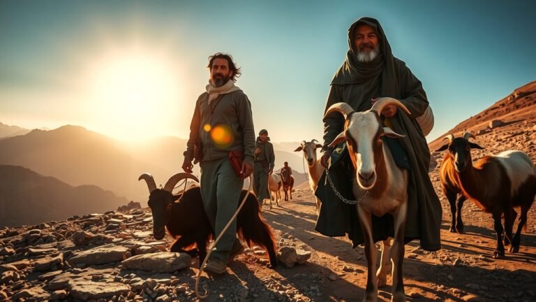Transhumances au Maroc : guide complet pour découvrir cette tradition millénaire 3 Nomades berbères conduisant chèvres et dromadaires sur un sentier montagneux ensoleillé dans l'Atlas, lumière dorée, paysage rugueux avec sommets enneigés, ambiance authentique et naturelle.