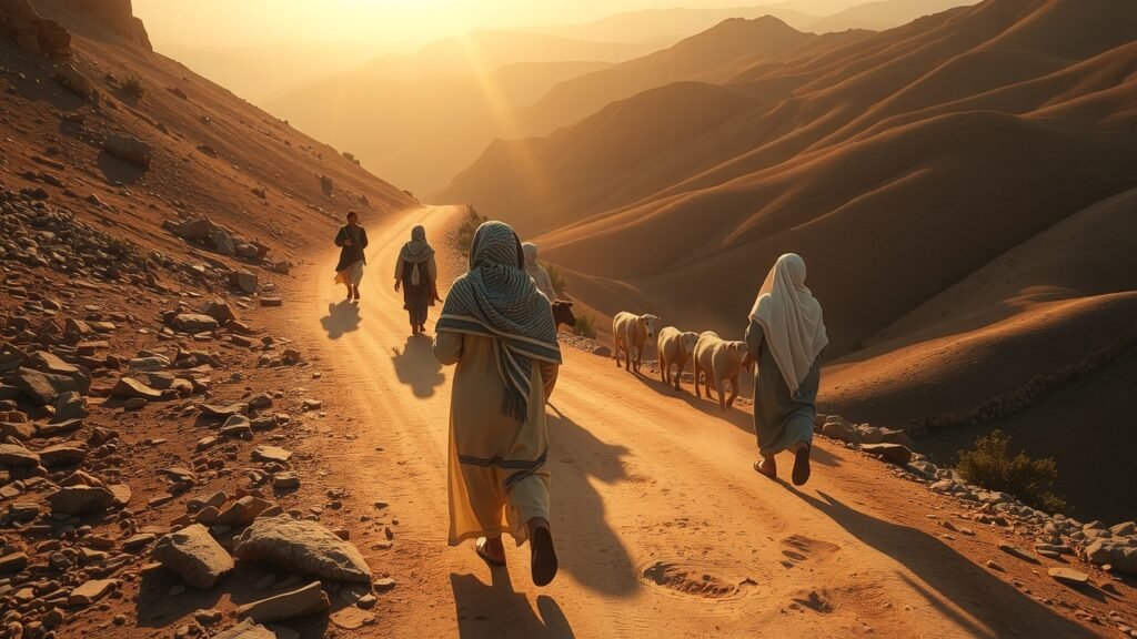 image-37 Bergères marocaines guidant leurs troupeaux sur des sentiers montagneux poussiéreux au coucher du soleil, lumière douce et ambiante, vêtements traditionnels pastel, paysage naturel chaleureux et paisible.