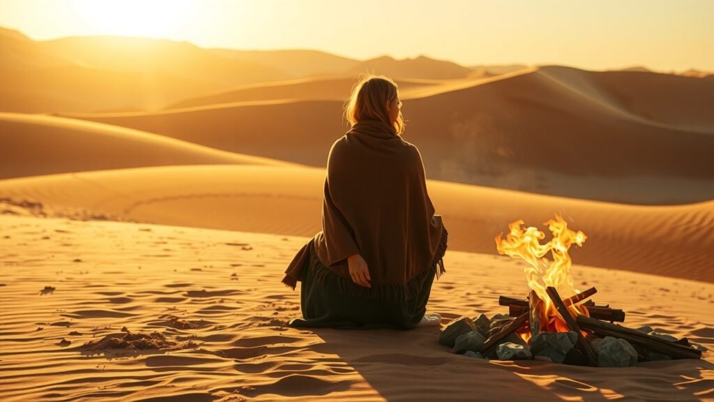image-38 Femme nomade près d’un feu de camp dans un vaste désert au coucher du soleil, tissus fluides tons terre, dunes de sable texturées, lumière douce naturelle, atmosphère paisible et intemporelle.