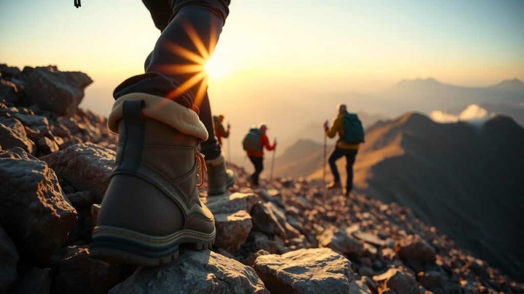 Djebel Toubkal : guide complet pour gravir le toit de l'Afrique du Nord 1 Randonneurs gravissant les pentes rocheuses près du refuge du Djebel Toubkal au lever du soleil, lumière douce et ambiance matinale avec brume légère sur les sommets de l'Atlas, détails des bottes usées et vêtements de montagne, tons naturels et ciel doré capturés en 35 mm avec grain de film subtil.