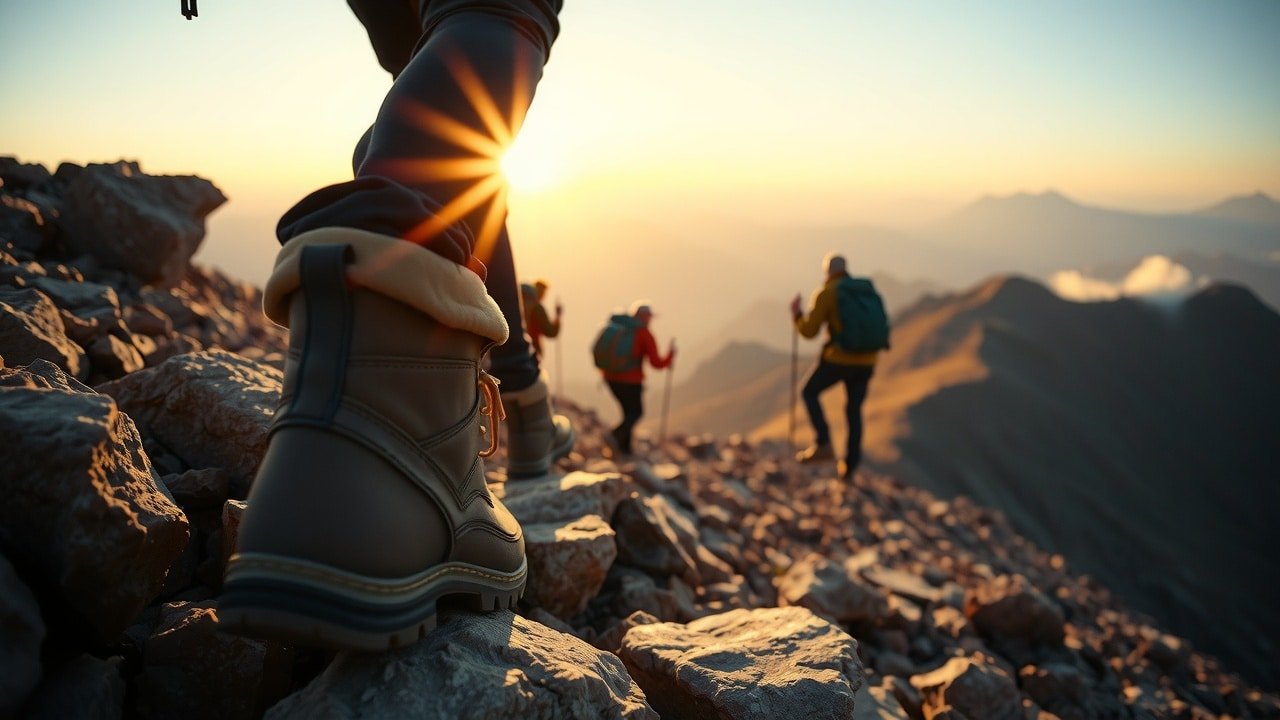 Randonneurs gravissant les pentes rocheuses près du refuge du Djebel Toubkal au lever du soleil, lumière douce et ambiance matinale avec brume légère sur les sommets de l'Atlas, détails des bottes usées et vêtements de montagne, tons naturels et ciel doré capturés en 35 mm avec grain de film subtil.
