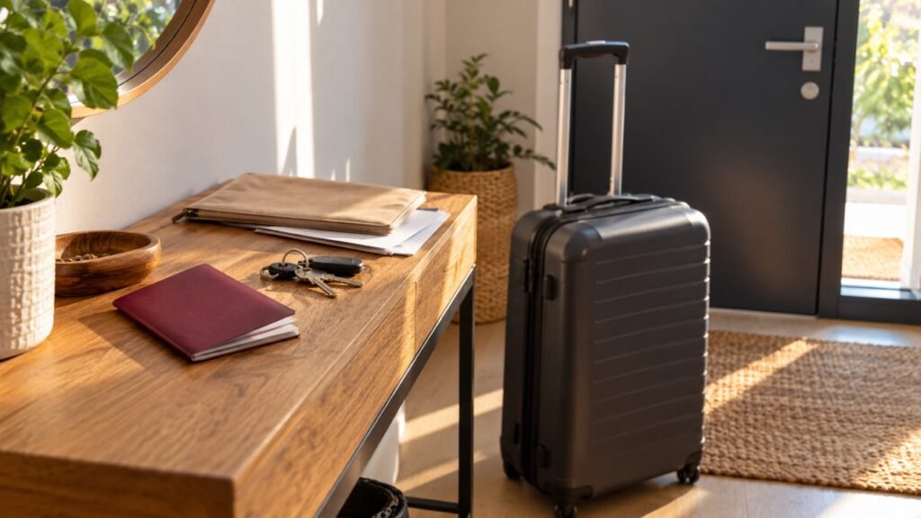 Valise cabine près de la porte d'entrée, passeport fermé et clés posés sur une console