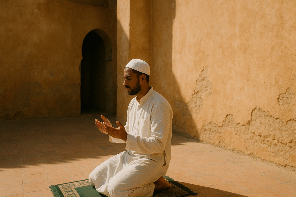 Islamic App : L'application essentielle pour voyageurs musulmans au Maroc 1 Un homme qui prie au maroc