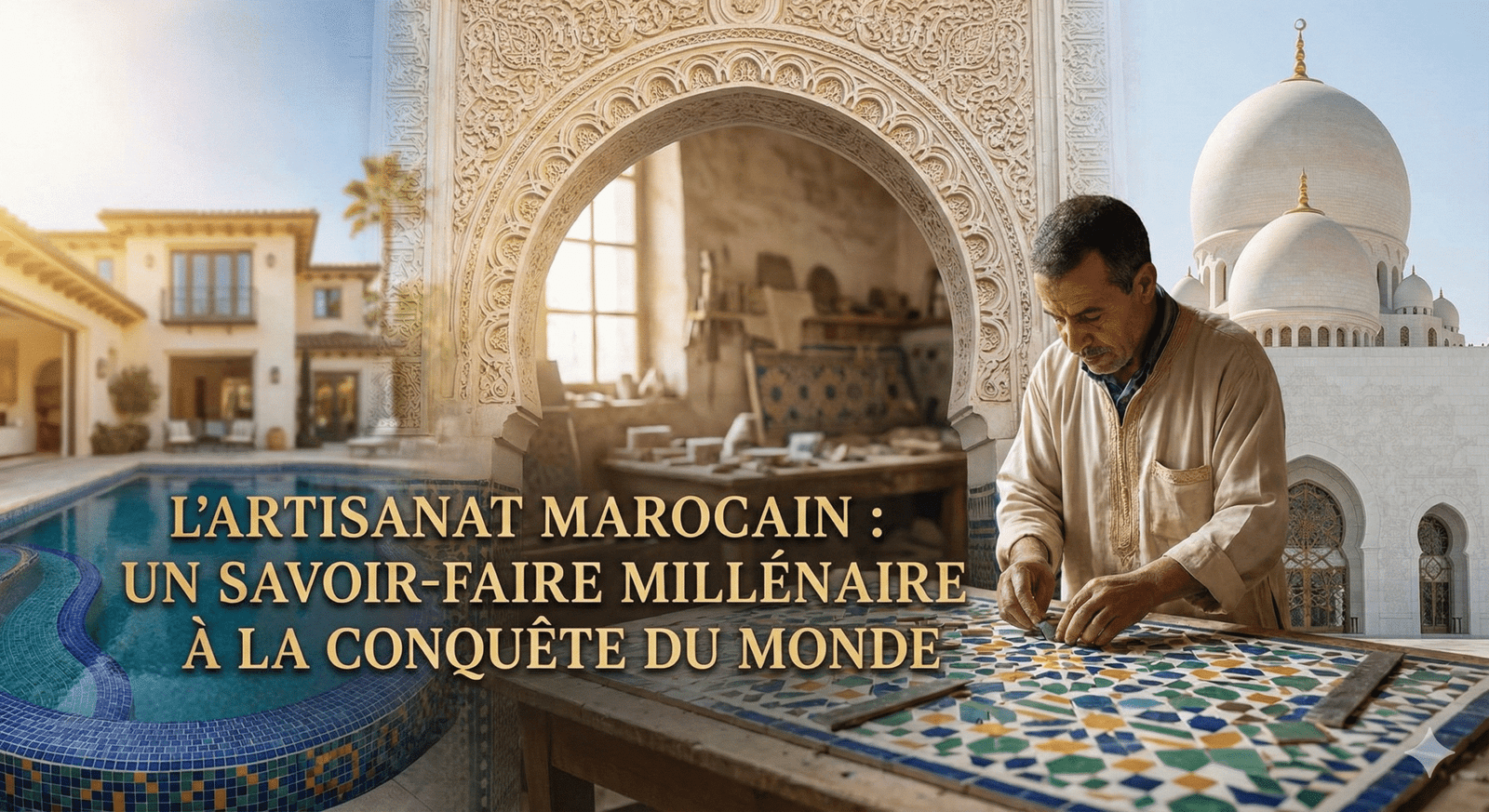 Montage montrant un artisan maâlem travaillant le zellige traditionnel, juxtaposé à une villa de luxe californienne et une mosquée, illustrant le rayonnement mondial de l'artisanat marocain.