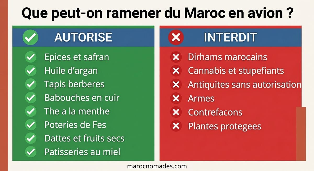 Infographie des souvenirs autorises et interdits en avion depuis le Maroc