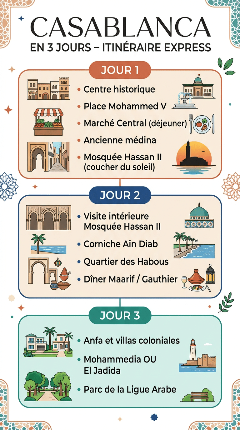 Infographie : itinéraire pour visiter Casablanca en 3 jours, jour par jour