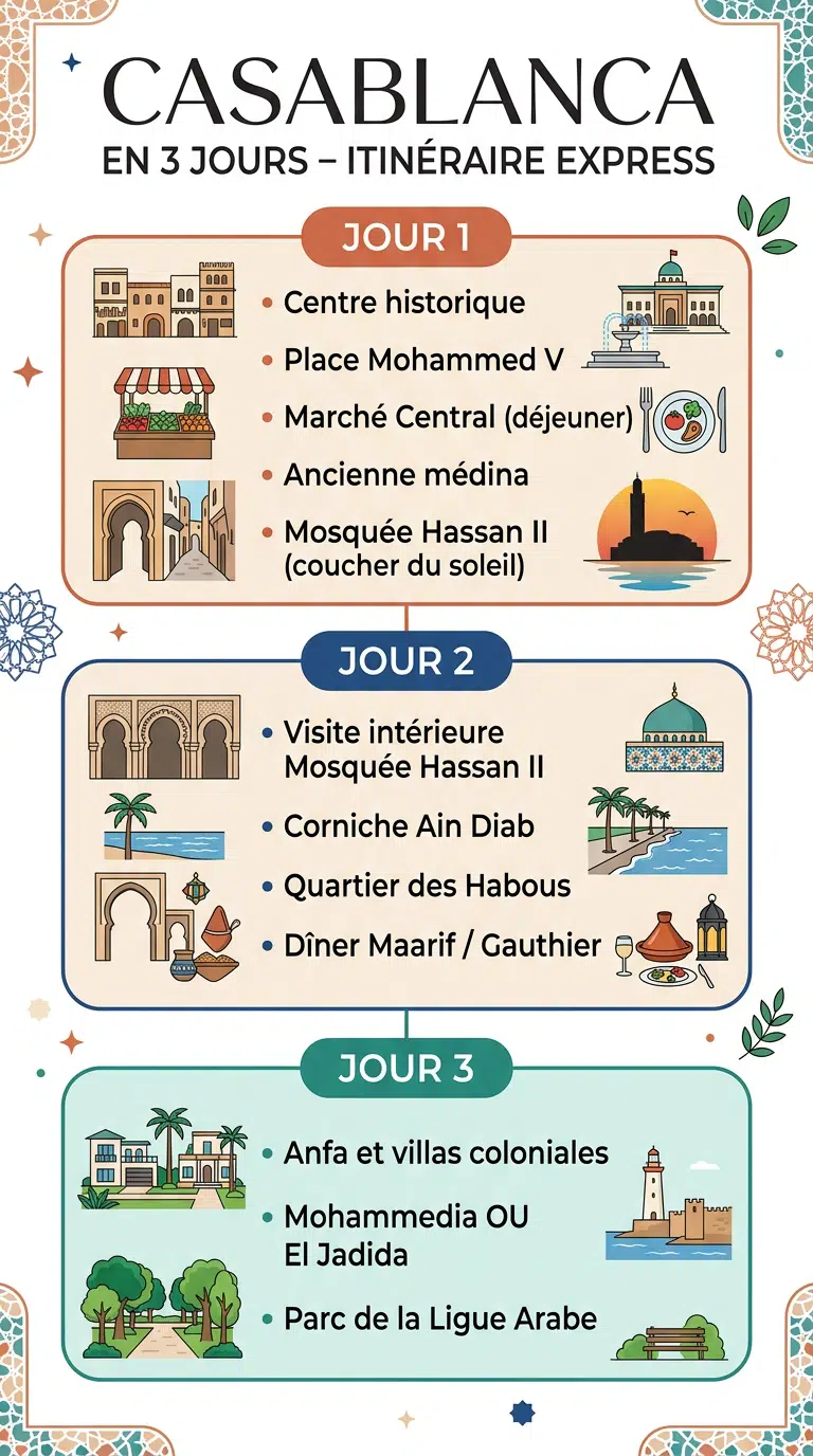 Infographie : itinéraire pour visiter Casablanca en 3 jours, jour par jour