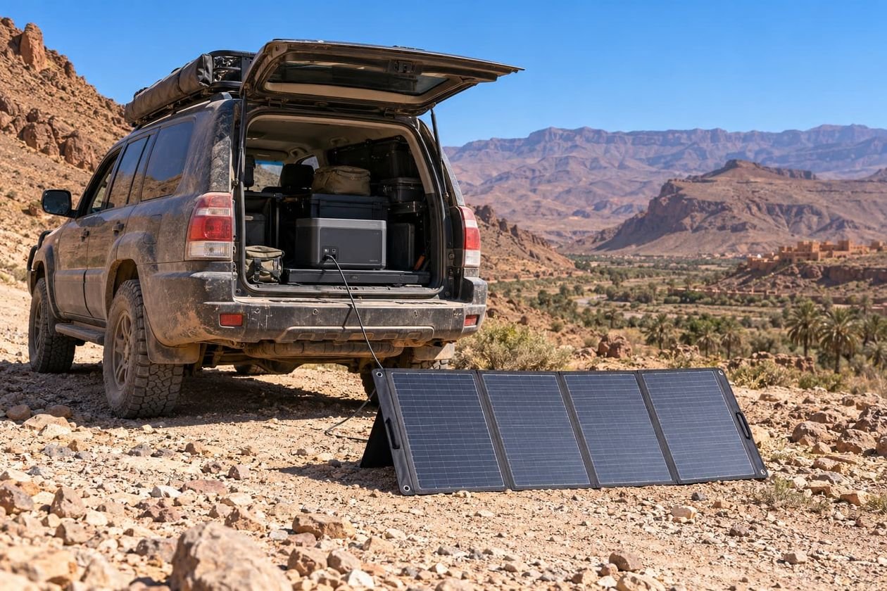 4x4 coffre ouvert sur une piste de montagne, station électrique portable branchée sur un panneau solaire pliable, palmeraie et kasbah en contrebas